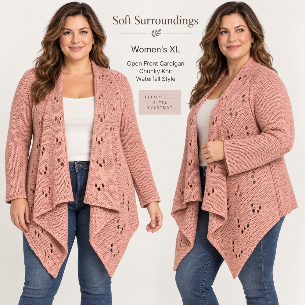 Soft Surroundings Women's XL Pink Chunky Knit Draped Open Front Cardigan Sweater
